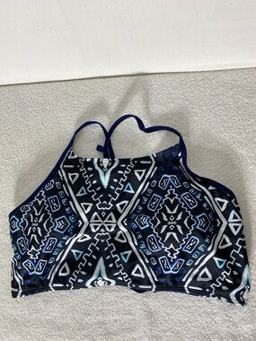 5/$25 High Neck Blue Black White Geometric Print Halter Style Bikini Top 1XL